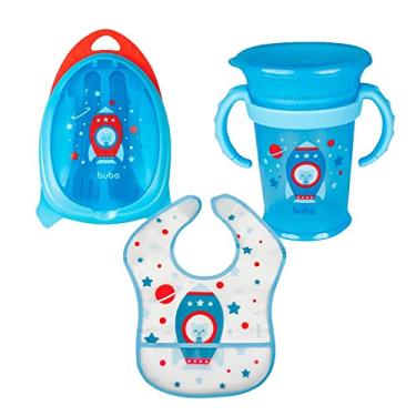 Imagem de Kit Introdução Alimentar Refeição Infantil Bebe Com Talher Copinho e Babador Foguete Menino Menina Buba (Azul)