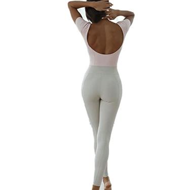 Imagem de Yajun Macacão feminino de ioga esportivo justo com controle de barriga para levantar o bumbum roupa de ginástica com almofadas macacão de manga curta, branco, G (65 kg)