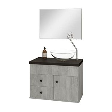 Imagem de Kit Armário MDF para Banheiro Completo Luna 60 com Espelho e Cuba vidro Cor:Cimenticio com Preto