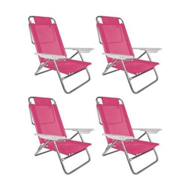Imagem de Kit 4 Cadeiras De Praia Reclinavel 8 Posições Alumínio Rosa Mor