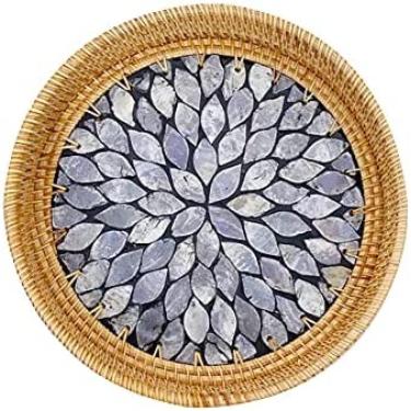 Imagem de Cesta De Frutas De Casca De Rattan Feita À Mão Com Madrepérola Brilhante, Mesa De Centro De Vime Feita À Mão, Prato De Jantar, Círculo Decorativo Com Paredes De 2", Bandeja De Cesta Redonda Boho,B