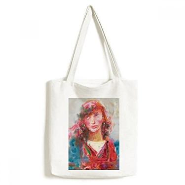 Imagem de Red Scarf Girl XJJ sacola de lona com pintura a óleo bolsa de compras casual bolsa de mão