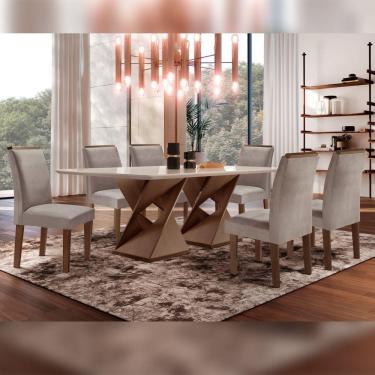 Imagem de Conjunto Sala De Jantar Genova Tampo Vidro/MDF com 6 Cadeiras Luísa Smart Plus Cel Móveis Chocolate/Off White/Marrom Claro