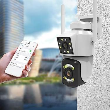 Imagem de Câmera de segurança residencial, câmera IP PTZ de 2 lentes com detecção de movimento, áudio bidirecional, rastreamento automático, visão noturna, IP66, giro de 320/90 graus, app
