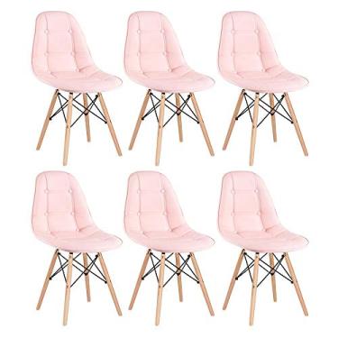 Imagem de Loft7 Home Decor, Kit 6 Cadeiras Estofadas Eames Eiffel Botonê - Madeira Clara Rosa