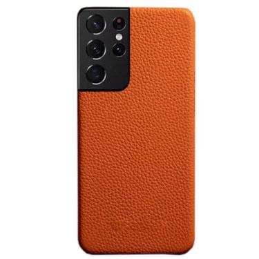 Imagem de LXURY Capa de couro para Samsung Galaxy S23 Ultra/S23 Plus/S23, capa de couro genuíno com proteção de câmera de tela, capa antiarranhões, laranja, S23 de 6,1 polegadas