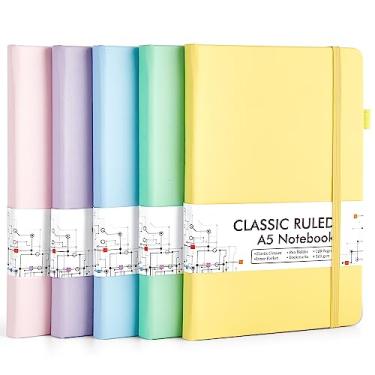 Imagem de feela Pacote com 5 cadernos a granel, diários pautados clássicos de capa dura com suporte de caneta para mulheres, meninas, material escolar, com 5 canetas pretas, 120 g/m2, 13 x 21 cm, A5, cores