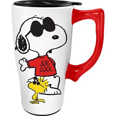 Imagem de Spoontiques - Ceramic Travel Coffee Mug with Lid and Handle - Spill Proof Lid - Double Walled Mug for Hot and Cold Beverages - Microwave and Dishwasher Safe - Snoopy