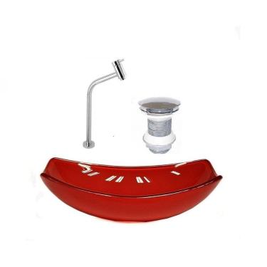 Imagem de Kit Cuba de Vidro + Torneira para Lavatório Oval Chanfrada 36cm Vermelho Cereja