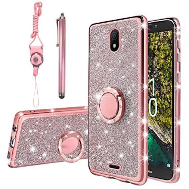 Imagem de KuDiNi Capa para celular Nokia C100, Nokia C100 para mulheres com glitter, cristal, macio, transparente, capa protetora de luxo com alça de suporte para Nokia C100 N152DL (rosa brilhante)