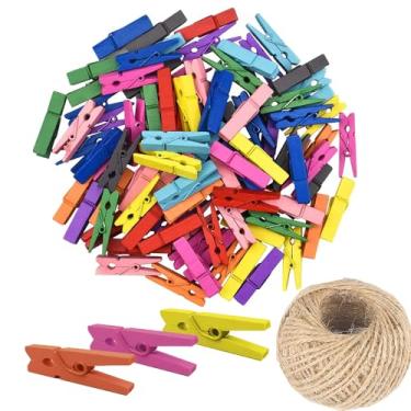 Imagem de 200 peças mini clipes de madeira natural de 25 mm prendedor de roupa DIY festa de casamento clipes de clipe de madeira pinos com fio de juta de 98 pés (colorido)
