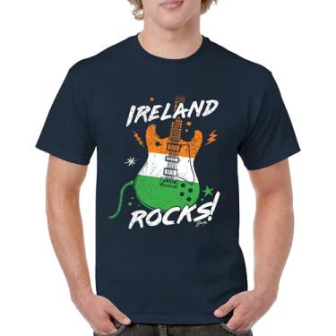 Imagem de Camiseta masculina Ireland Rocks Guitar Flag St Patrick's Day Shamrock Groove Vibe Pub Celtic Rock and Roll Clove, Azul marinho, XXG