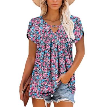 Imagem de onlypuff Camisas femininas de verão com gola V, manga curta, túnica casual, rodada, com babados, C - rosa e azul, M
