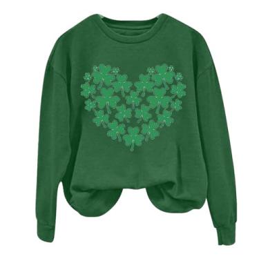 Imagem de Camiseta feminina St Patricks Day de manga comprida verde trevo da sorte camisa moderna para mulheres 2024, Verde, GG