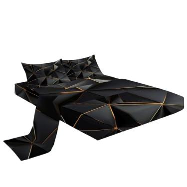 Imagem de Jogo de cama de microfibra supermacia tridimensional tridimensional ouro preto tridimensional, 4 peças, 1 lençol com elástico e 2 fronhas, 40 cm de profundidade para quarto de criança