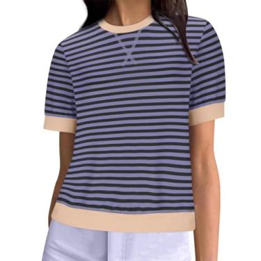 Imagem de Camisetas femininas listradas estampadas de verão manga curta gola redonda túnica casual solta básica leve blusas modernas, Azul escuro, GG