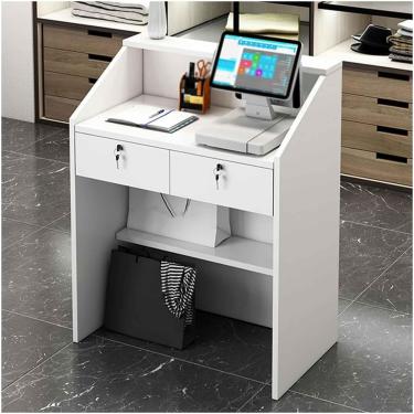 Imagem de Balcão de recepção moderno Balcão de recepção pequeno com gavetas e prateleira com trava Salão Mesa de sala de recepção Mesa de computador de escritório Balcão de checkout de varejo, branco,