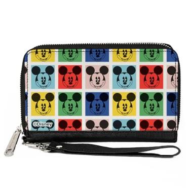 Imagem de Carteira Disney, zíper ao redor, blocos sorridentes do Mickey Mouse, branco multicolorido, couro vegano, Multicor, 7.5"x4.5", Casual
