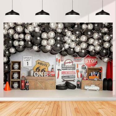 Imagem de Mechanic Route 66 Pano de fundo para fotografia vintage garagem antiga mecânico de conserto de carro menino festa de aniversário bolo esmagamento retrato fundo menino 1º aniversário festa