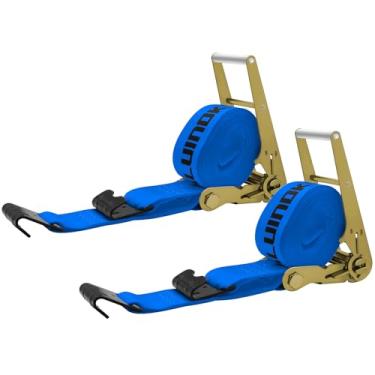 Imagem de SALUINOKI Pacote com 2 correias de catraca de 10 cm resistente de 9 m com gancho plano para correia de guincho de reboque de mesa 10 cm Catraca azul