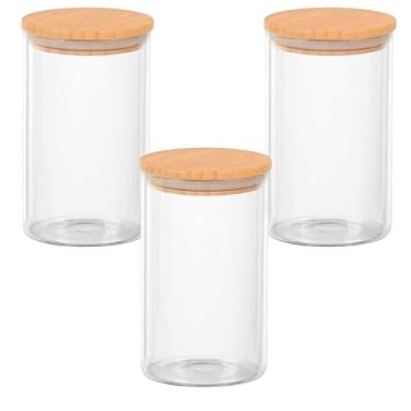 Imagem de Kit 3 Potes 450ml De Vidro Mantimentos Tampa De Bambu 6,5 x 15cm