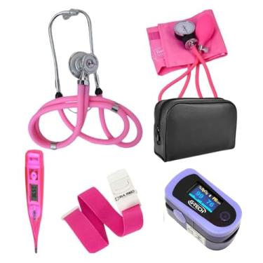 Imagem de Kit Enfermagem Acadêmico Com Estojo Completo Rosa Premium - Estetoscópio, Esfigmomanômetro, Oxímetro, Termômetro e Garrote. Fundamentos Medicina