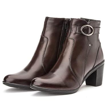 Imagem de Bota Couro Feminina Bico Redondo Para Inverno Elegante Salto Bloco Baixo Lisa Solado Borracha Tamanho:35;Cor:Marrom;Gênero:Feminino;Departamento BS:Esporte