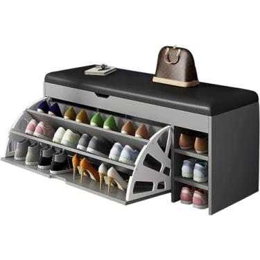 Imagem de Rack de banco de sapatos de madeira, banco de armazenamento de sapatos com espaço de armazenamento flip top e almofada acolchoada, organizador de sapatos de 3 camadas para entrada e corredor