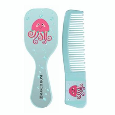 Imagem de Kit Baby C/ Escova E Pente Cabelo Cerdas Macias Marco Boni, Azul