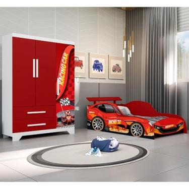 Imagem de Conjunto Quarto Infantil Carros - Cama Infantil Proteção Lateral Colchão e Roupeiro Mdf - Vermelho