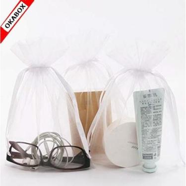 Imagem de 100 Saquinhos Tule Organza Fita Cetim Branco 12x17 Cm - OKABOX