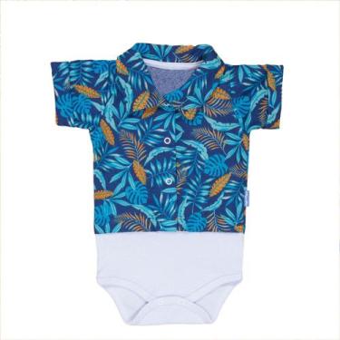 Imagem de Body camisa curto de bebê em tricoline folhagem azul - Era Uma Vez, 6-