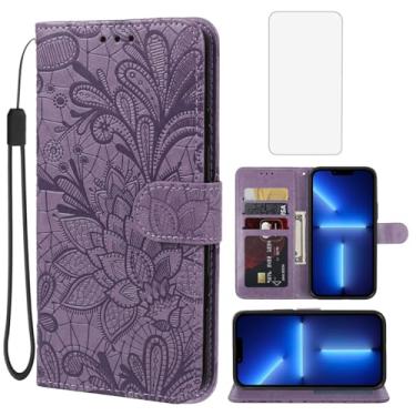 Imagem de Gufuwo Capa para iPhone 13 Pro Max 6,7 polegadas Apple 13 Pro Max capa carteira com protetor de tela de vidro temperado, flor de renda PU couro flip porta-cartão de crédito capa de telefone para