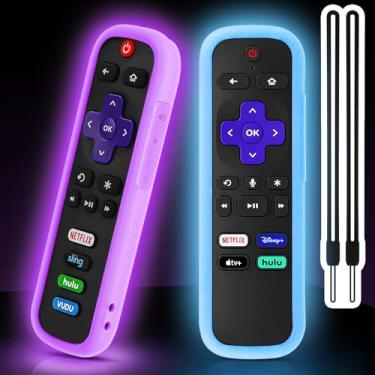 Imagem de Pacote com 2 capas para controle remoto Roku, capa para controle remoto Roku Voice Remote/Hisense/TCL Roku TV, capa protetora universal de silicone para controle remoto Roku TV, brilha no escuro, azul roxo