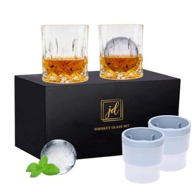 Imagem de Conjunto de copos Whiskey Rocks em caixa de presente - Inclui 2 copos de cristal Bourbon e 2 moldes grandes de bola de gelo - Copos antiquados de 293 ml para uísque, coquetéis, rum, conhaque, vodka -