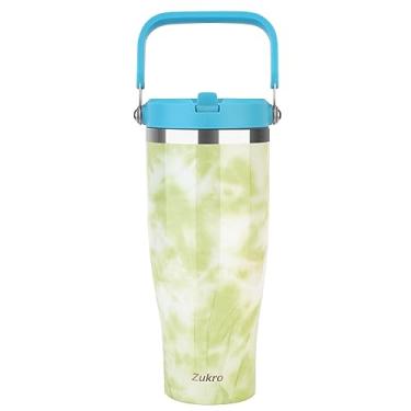 Imagem de Zukro Copo de 1,18 l com canudo flip, copo de aço inoxidável isolado a vácuo à prova de vazamento, com alça superior na tampa, cabe no suporte de copo, sem suor, mantém as bebidas frias por 24 horas, Tie Dye Cintron