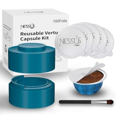 Imagem de Nessus Kit de cápsulas Vertuo reutilizável, [ALSeal EZ FIT] para cápsulas recarregáveis com 100 peças de tampas de vedação de folha de alumínio, suporte, escova, para recarga Vertuo Pods reutilizáveis