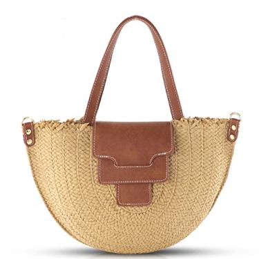 Imagem de QTKJ Bolsa de palha, bolsa de praia de verão para mulheres, bolsa de mão macia tecida à mão, bolsa transversal grande, bolsa de tecido adequada para viagens de férias diárias (Cáqui), Caqui