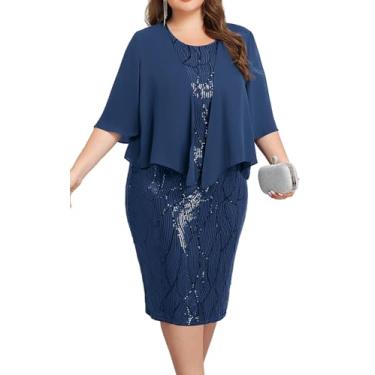 Imagem de Hanna Nikole Vestido feminino plus size de lantejoulas 2 peças para mãe da noiva, vestido formal de convidada de casamento com jaqueta de chiffon, Azul marinho, 58