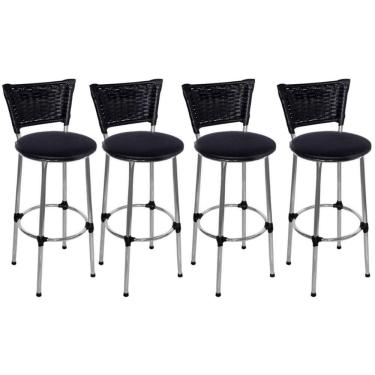 Imagem de Kit 4 Banquetas Altas Cromada com Encosto Junco Preto Assento Preto