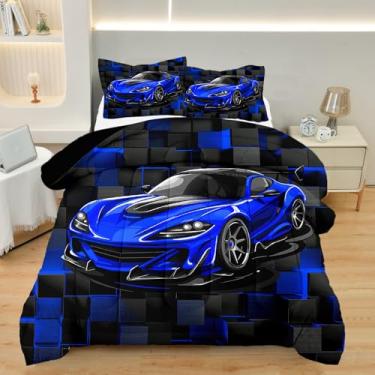 Imagem de ASKOTU Jogo de cama solteiro de carro esportivo azul, 3 peças, conjunto de cama solteiro legal para meninos