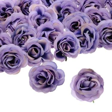 Imagem de uxcell 50 peças de flores artificiais de rosa, cabeças de rosas falsas de seda de 3 cm, mini rosas de flores artificiais a granel para buquês de casamento, decorações de festa, casa, roxo claro