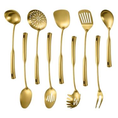 Imagem de Conjunto de utensílios de cozinha de aço inoxidável 304, conjunto de 9 peças, escumadeira, concha de sopa, servidor de espaguete, espátula wok, colher com fenda e sólida, espátula com fenda, garfo de