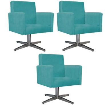Imagem de kit 03 Poltronas Arenzza Base Giratória de Metal Suede Azul Turquesa -