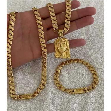 Imagem de Cordão Banhado A Ouro 18 Friso S Dupla Face Pulseira + Pingente Jesus 