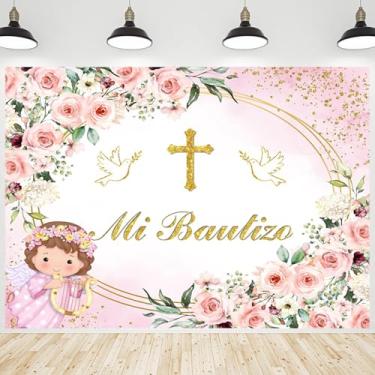 Imagem de CRTPOD Mi Bautizo Pano de fundo rosa floral dourado com bolinhas fundo de anjo faixa fotográfica para meninas chá de bebê primeira comunhão decorações de festa de estúdio fotográfico adereços 1,5 x