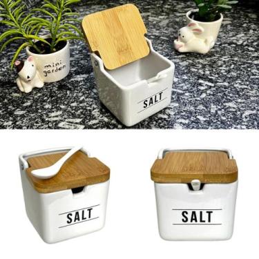 Imagem de Saleiro Manhattan Em Porcelana Mesa Tampa Bambu C/Colher - Hauskraft, 