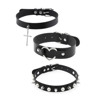 Imagem de Outman Pacote com 3 gargantilhas de couro punk gótico, colares de colarinho, corrente de clavícula para mulheres, Couro sintético, Sem Pedra Preciosa