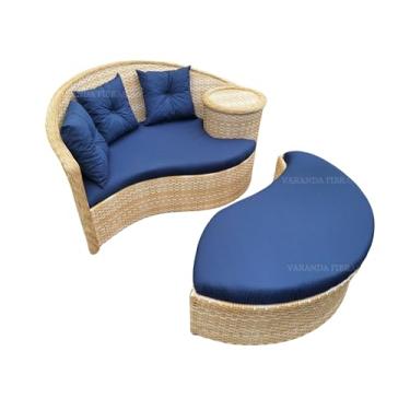 Imagem de Varanda Fibras Poltrona Dupla Dubai - Cadeira Dupla com Estampa Sólida Azul Escuro e Cor Palha