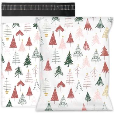 Imagem de Whaline 100 peças de mala postal de poliéster de Natal 25,5 x 33 cm Boho árvore de Natal sacos de correio rosa verde floresta autovedante embalagens de plástico envelopes para inverno pequenas